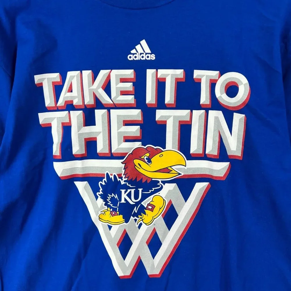 Kansas Jayhawks Basketball NCAA Large Adidas‎ Casual T-Shirt Blue New Men Cotton
